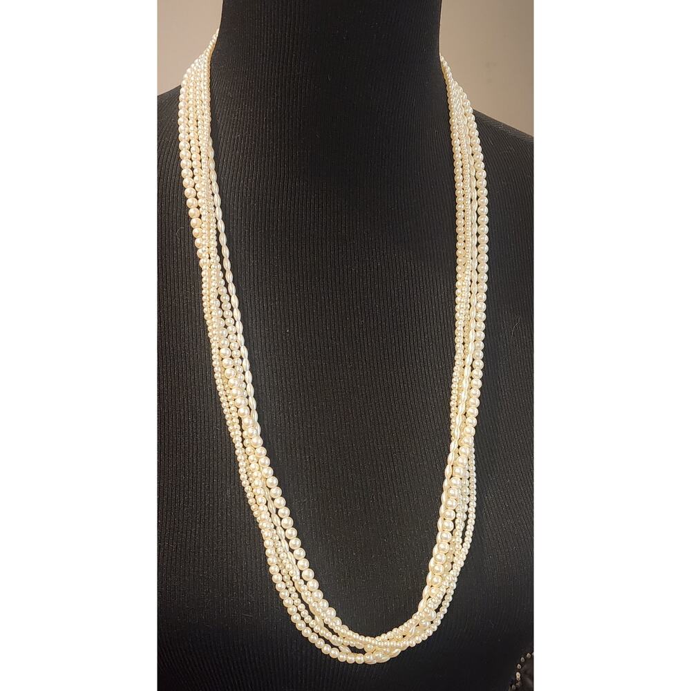Marvello 5‑Strand Faux Pearl Necklace 30” Vintage Gold‑Tone Clasp